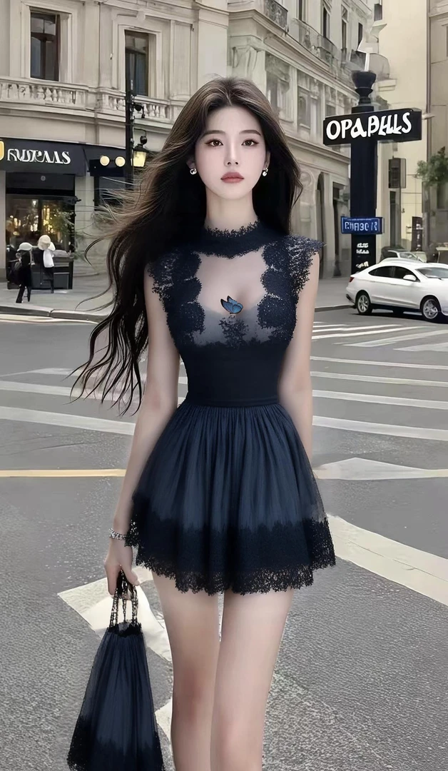 氛围感性感显瘦纯色圆领无袖收腰蕾丝连衣裙女时尚气质高级感女装