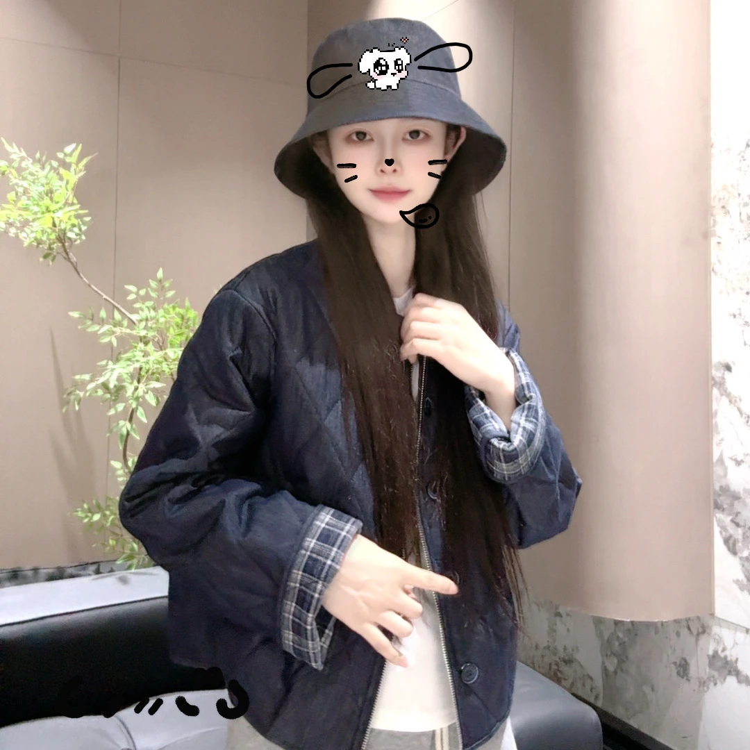 宿慕SUMU设计款格子拼接撞色牛仔外套2025新9-27时尚加棉外套1839