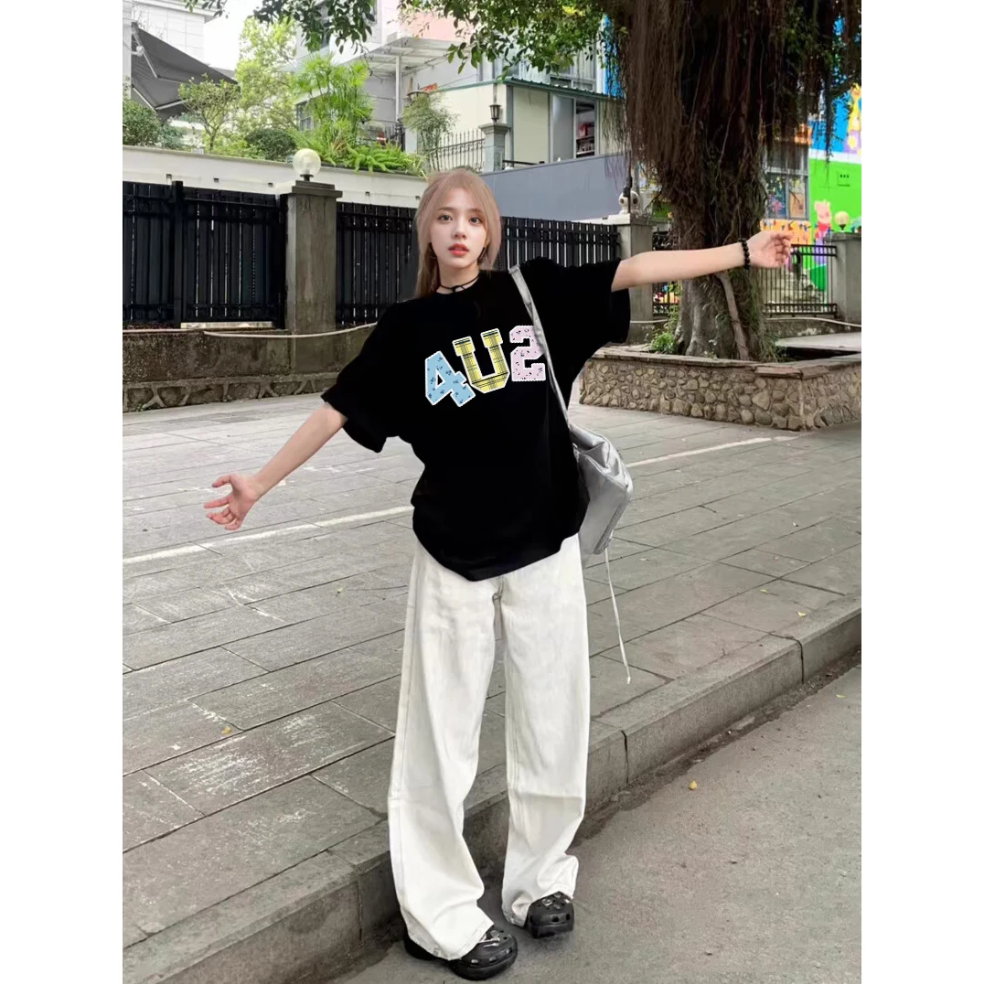 情侣复古设计感简约数字印花短袖t恤宽松款百搭ins潮牌上衣