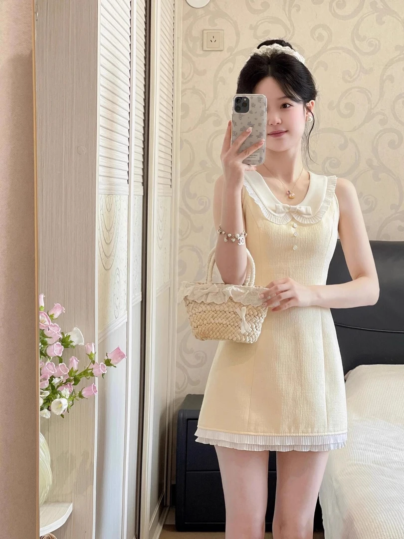 法式千金小香风娃娃领连衣裙子女收腰减龄鹅黄色背心无袖短裙夏季