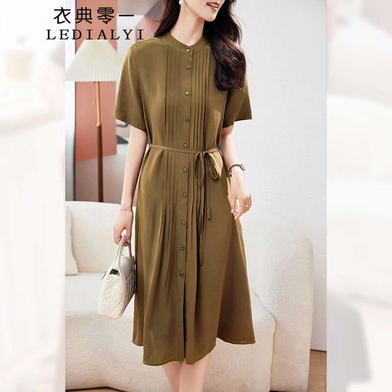 杭州高端暗纹双绉重磅真丝连衣裙夏2025新款单排扣桑蚕丝短袖裙子