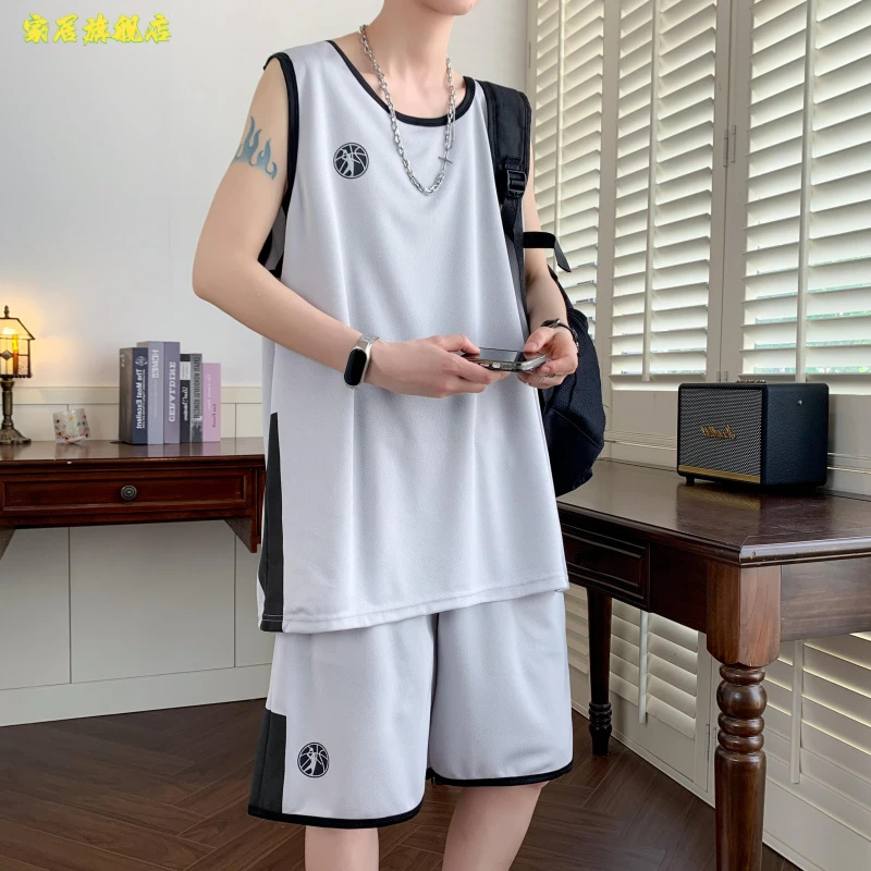 冰丝背心套装男士加大码夏季青少年速干无袖休闲跑步运动服篮球服
