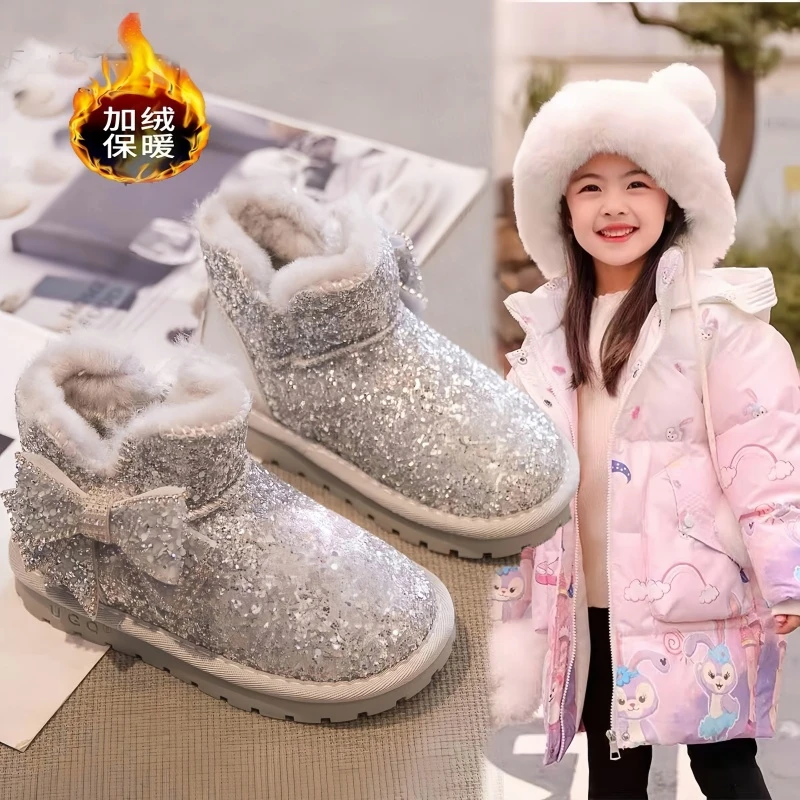 ABC女童雪地靴2024年新款冬季靴子女孩加绒加厚棉靴短靴雪地棉鞋