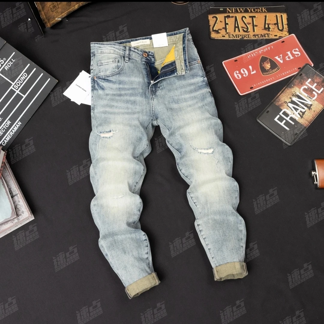 新款时尚破烂弹力修身小脚牛仔裤男轻奢牛仔裤男微锥男士牛仔裤男