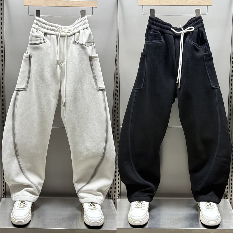 2025秋冬新款复古加绒弯刀裤休闲直筒阔腿裤男女款大口袋运动卫裤