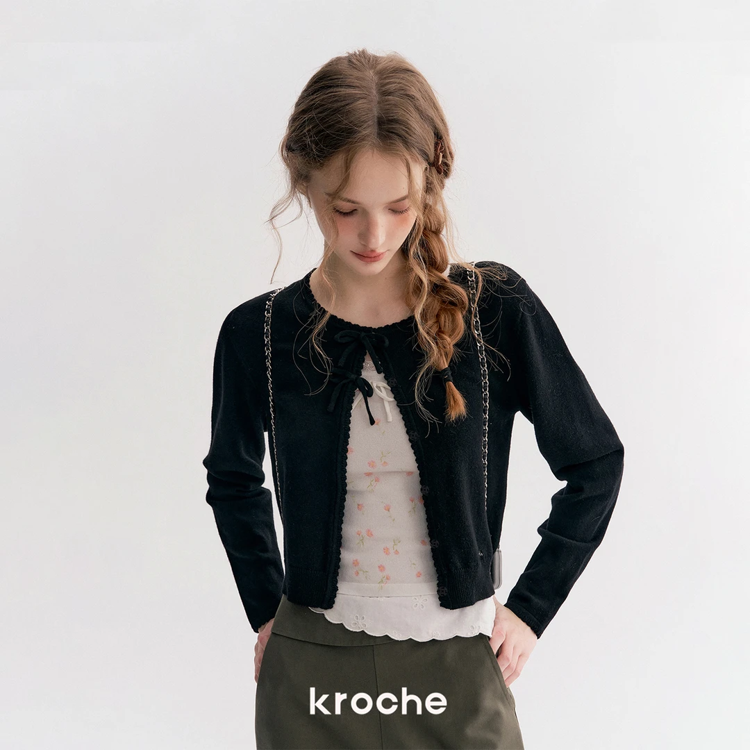 Kroche 25aw 秋日物语 双蝴蝶结 波浪花边短款修身圆领针织开衫
