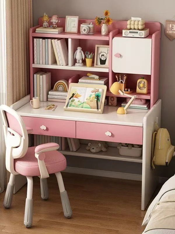 实木儿童书桌书架一体卧室家用孩子学习桌可升降写字桌带抽屉收纳