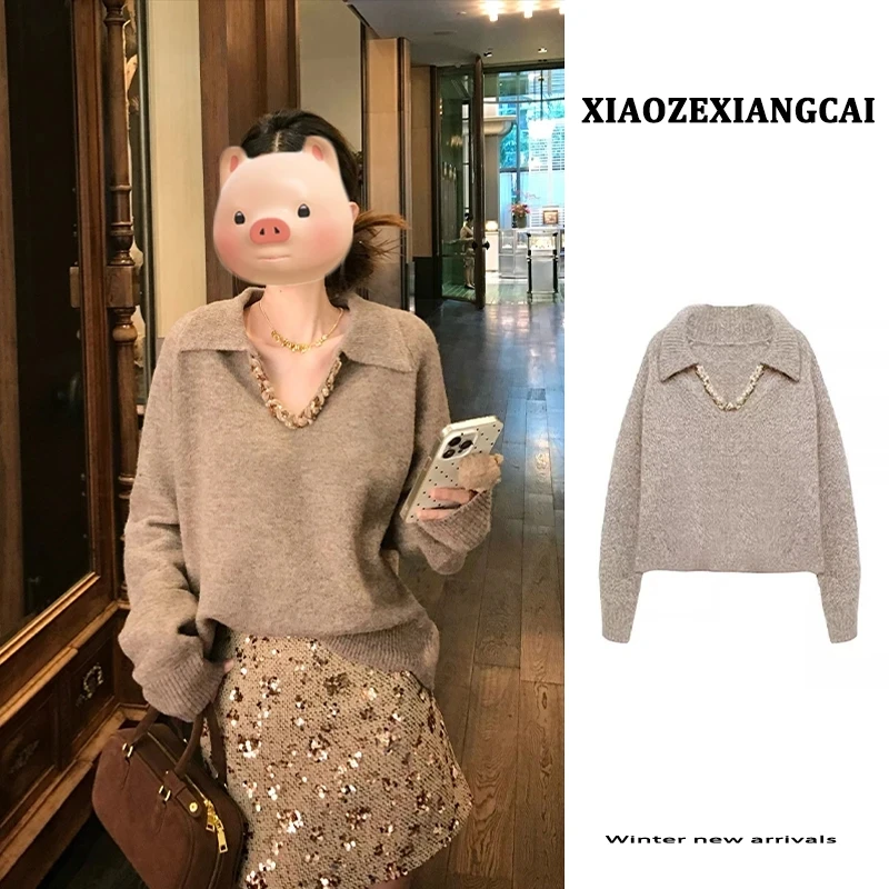 韩版小香风套装裙女秋冬机千金风镶钻针织毛衣亮片半裙气质一整套