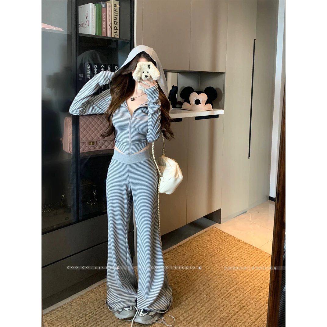 条纹修身正肩显瘦连帽卫衣套装女时尚百搭高级设计感长裤子两件套