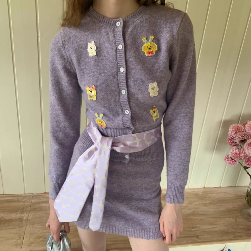 Morn isle*星榆秋落系列软糯混色纱线卡通布贴针织衫包臀半裙套装