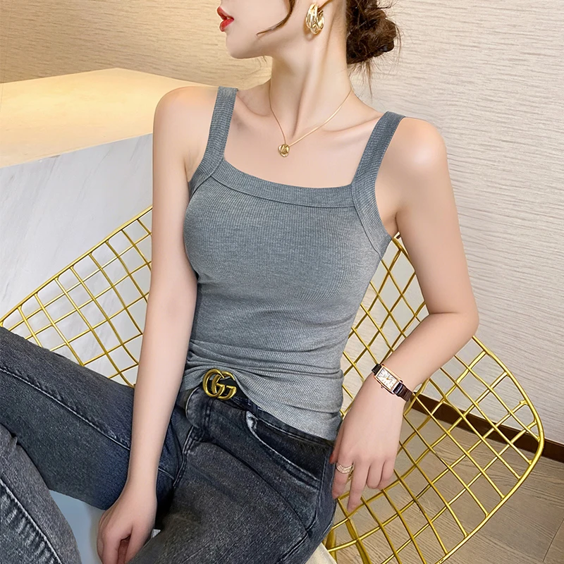 灰色方领吊带背心女夏季2025新款修身西装内搭外穿螺纹美背上衣潮