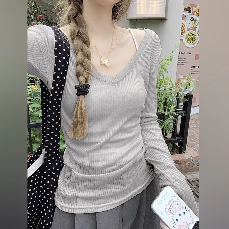 V领防晒罩衫长袖t恤女夏季2025新款修身薄纱叠穿外搭透气薄款上衣