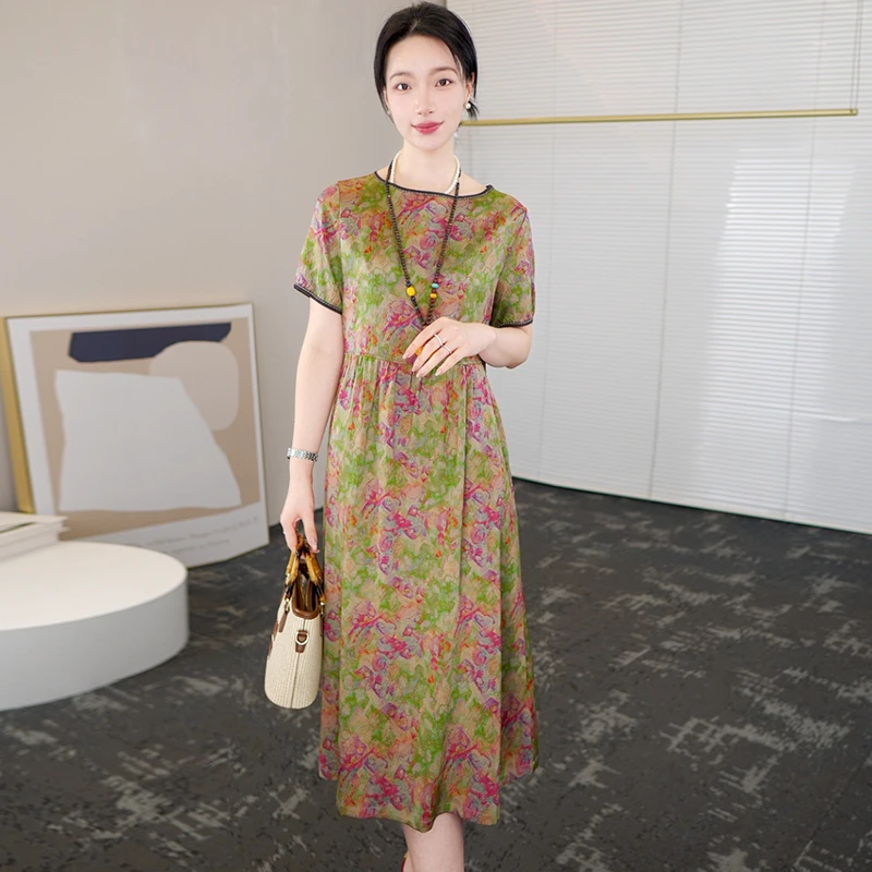 2025杭州夏季真丝时尚浪漫大牌连衣裙女气质妈妈桑蚕丝裙子