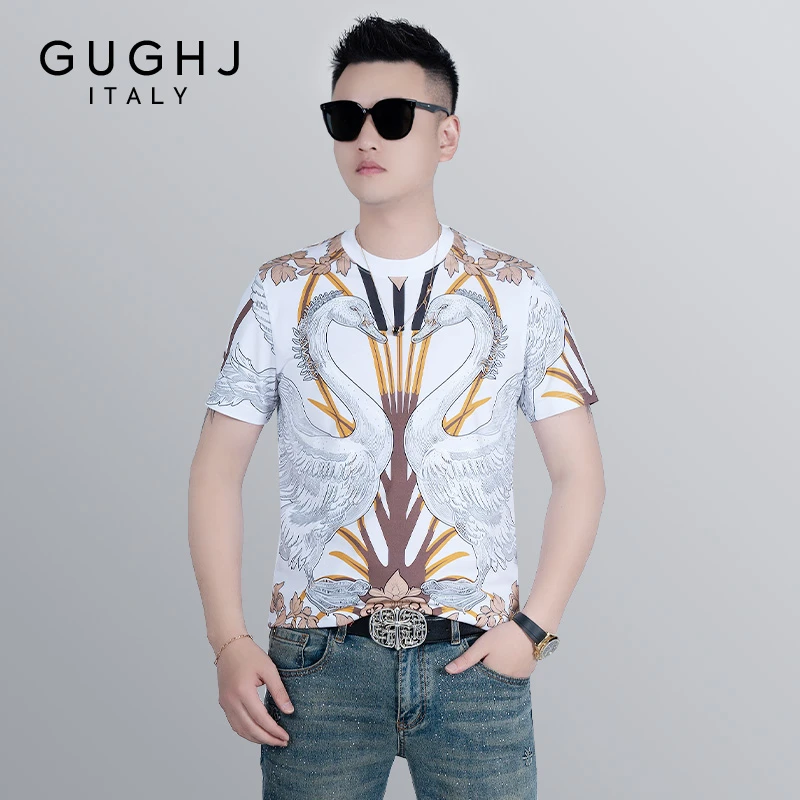 男士夏季新款欧货潮牌天鹅数码印花帅气圆领短袖修身薄款休闲体恤