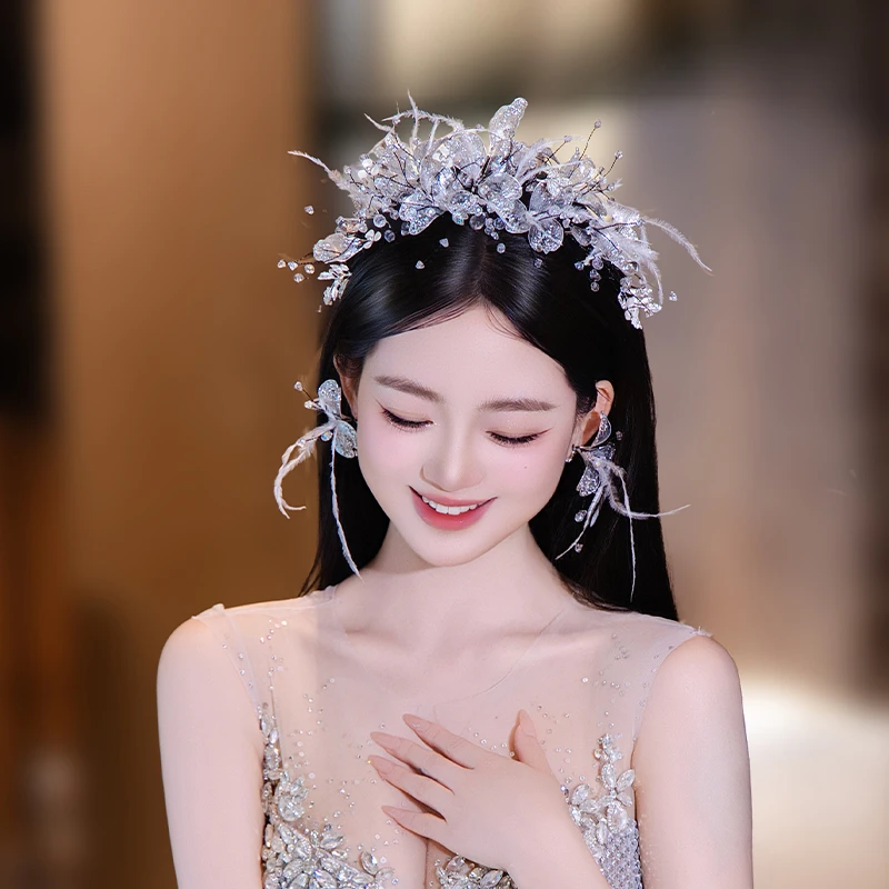 合金婚庆饰品 韩系新娘灵动高级感跟妆羽毛头饰超仙婚礼配饰D0548