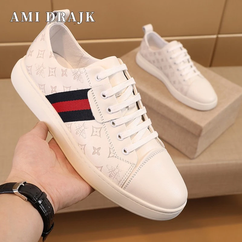 AMI DRAJK男鞋头层牛皮小蜜蜂小白鞋男真皮板鞋韩版百搭平底休闲