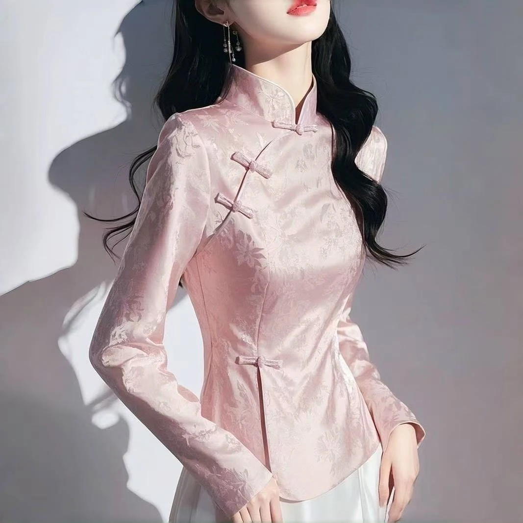 新中式高端国风粉色提花缎面衬衫2025早春复古盘扣收腰女