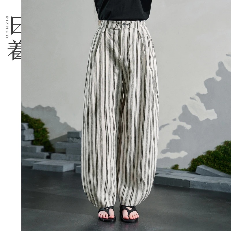 日着2025夏新款亚麻条纹休闲裤薄宽松显瘦哈伦休闲灯笼裤RD2530K0