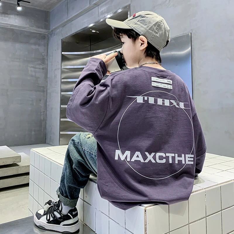 儿童秋装2024秋季新款大男孩男童装假两件卫衣春秋款紫色长袖t恤