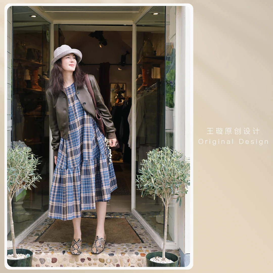 度假裙黄色格子-蓝色格子王璇原创设计