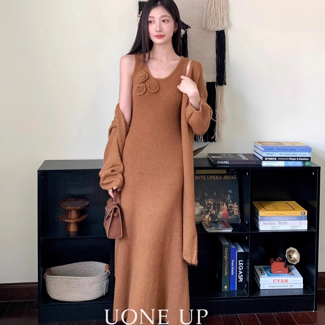 法式复古港风气质优雅针织开衫毛衣两件套套装连衣裙内搭长裙秋冬