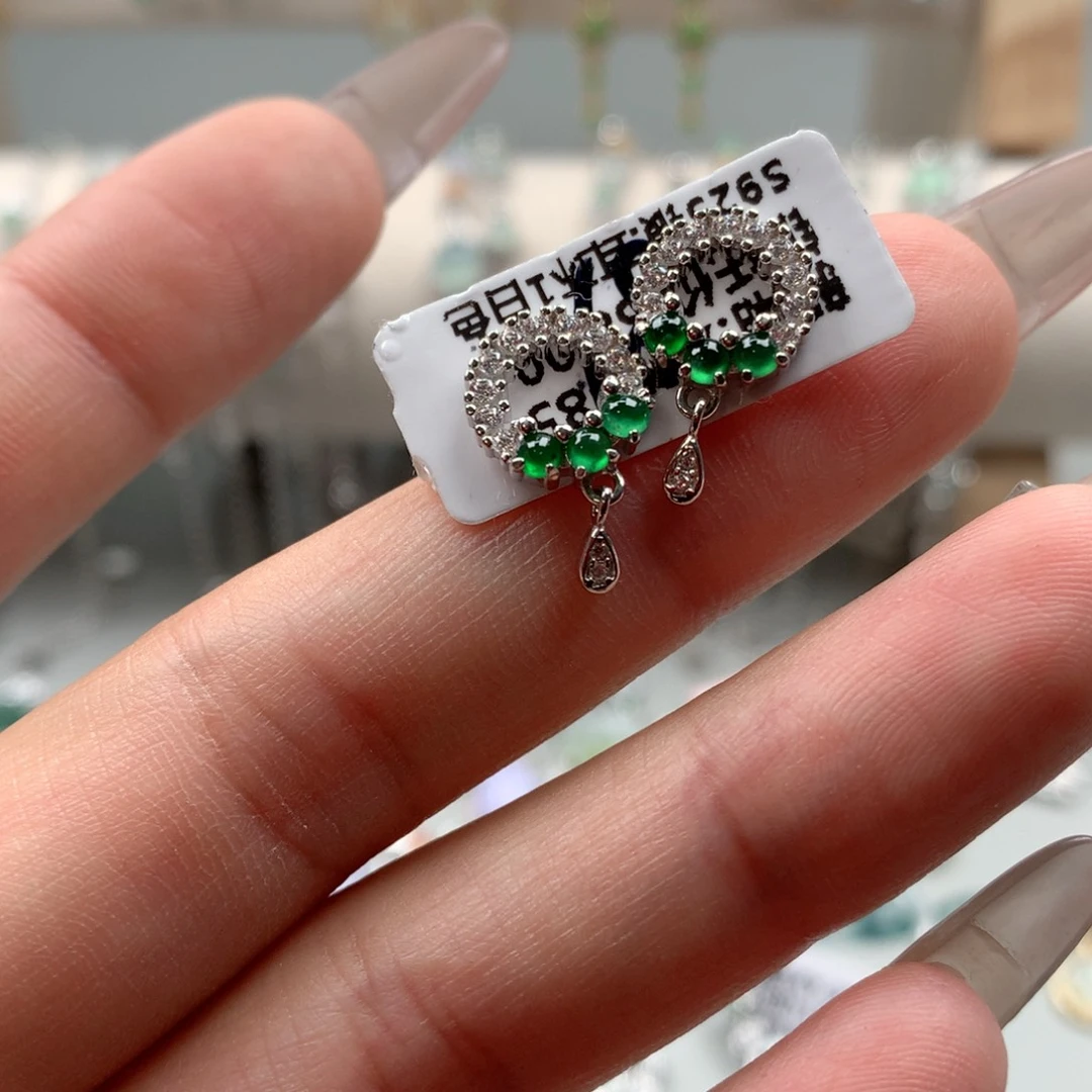 翡翠戒指银S925镶嵌耳钉