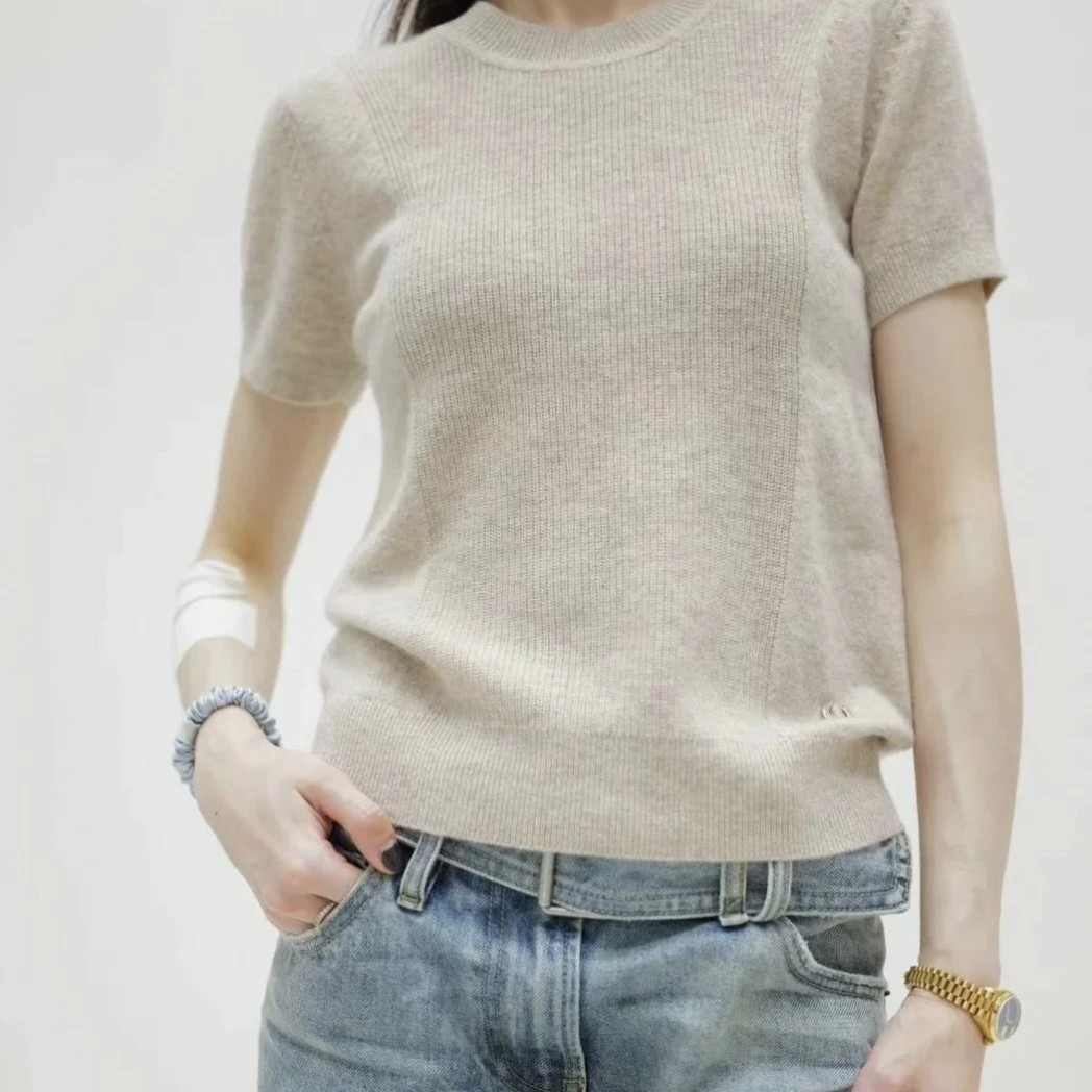 全新未使用 Hermes/爱马仕 001621 FW24短袖羊绒衫 米色 36码