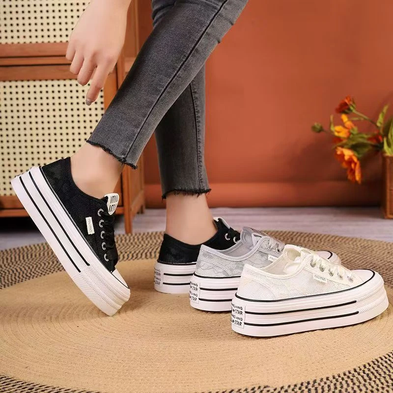 松糕厚底蕾丝网板鞋女2024春夏季新款休闲百搭透气学院风增高板鞋