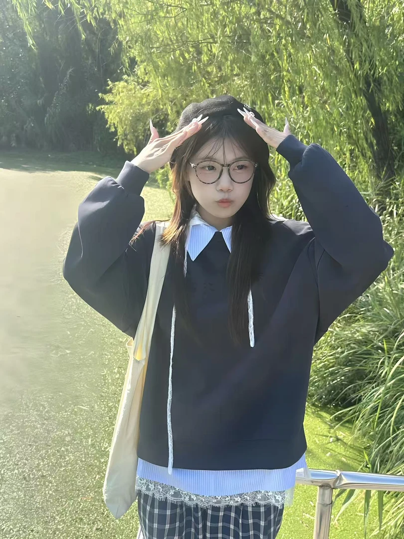 藏青色蕾丝边polo领正肩卫衣女2025早秋大码胖mm中长款假两件上衣