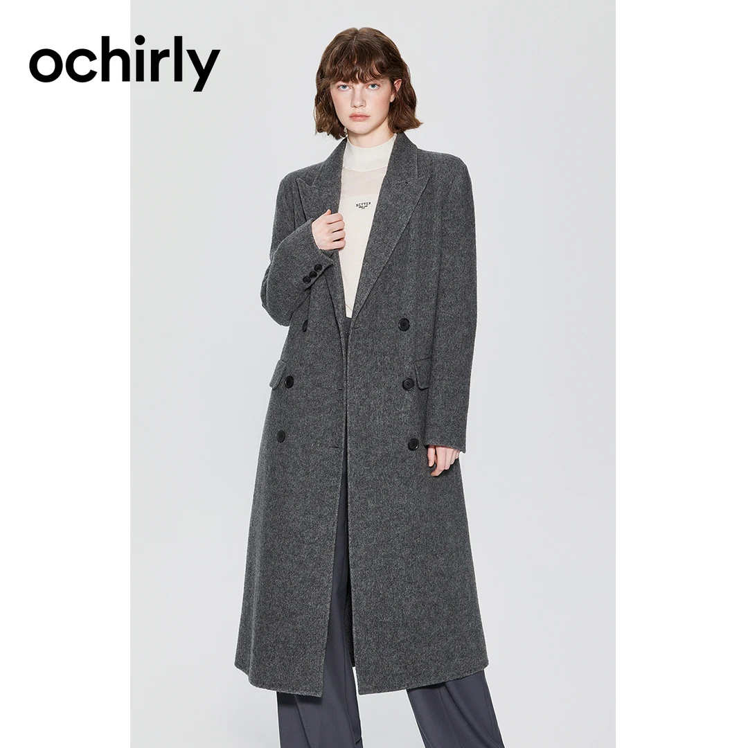 ochirly欧时力 澳进口羊毛长款呢外套女新秋冬大衣腰带
