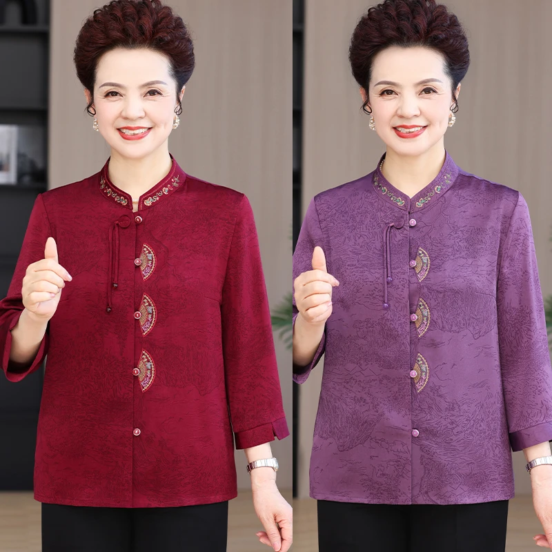 中老年人春装衬衫奶奶七分衬衣女老太太衣服唐装老人妈妈夏季新款