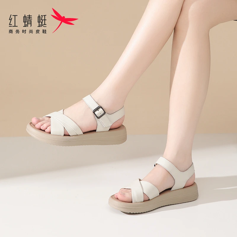 红蜻蜓女鞋秋季新款舒适牛皮凉鞋真皮软底外穿妈妈鞋子休闲百搭