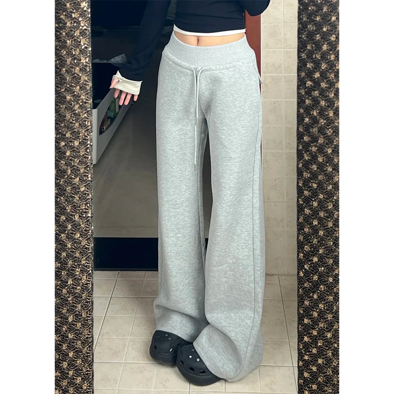 浅灰色美式运动裤女春秋新款高腰宽松垂感慵懒直筒卫裤休闲阔腿裤