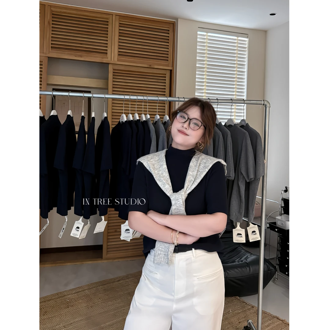 InTree张桶桶【慵懒午后】休闲半高领针织短袖打底衫ST12538