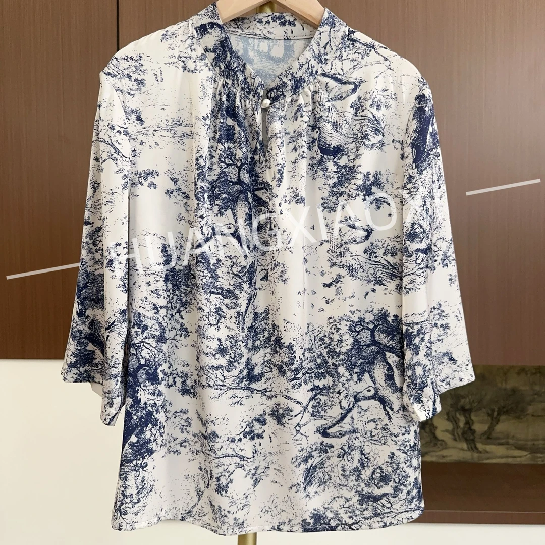 HUANGXIAOXI 青花瓷抽象山水画国风七分袖气质小衫ZF-459