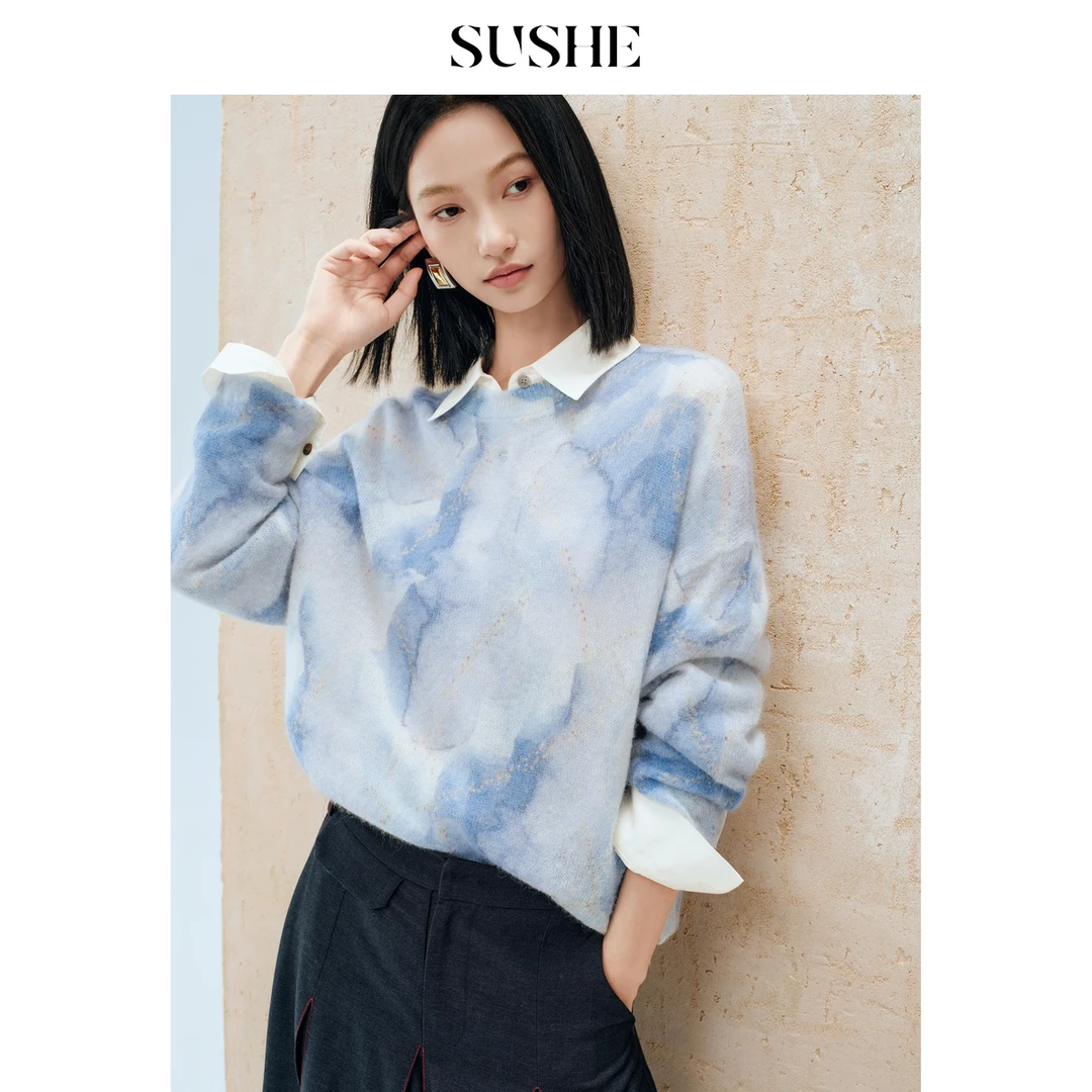 束皙SUSHE 霓织 多巴胺 手工扎染羊驼毛圆领套头打底毛针织衫女