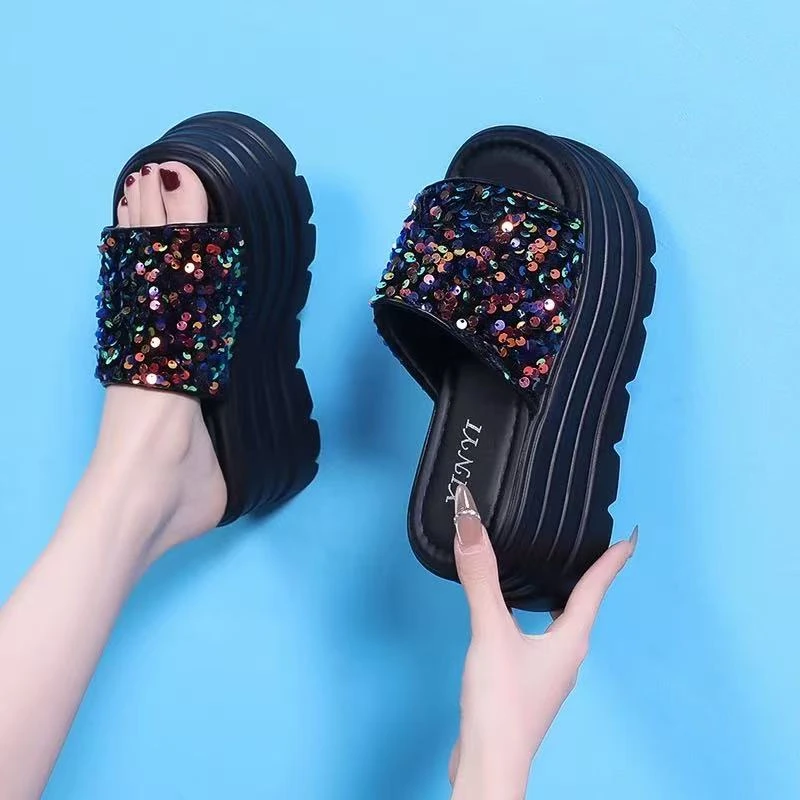 仙女风厚底拖鞋女外穿2025夏季新款增高亮片松糕底