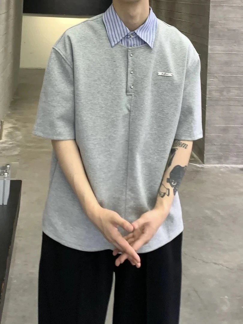 翻领拼接男Polo衫墨绿色polo衫男t恤日系设计感韩版上衣金POlO02