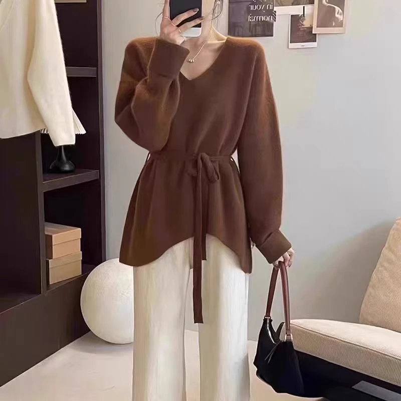 韩版气质不规则V领中长款毛衣女秋冬新款显瘦针织衫收腰系带上衣