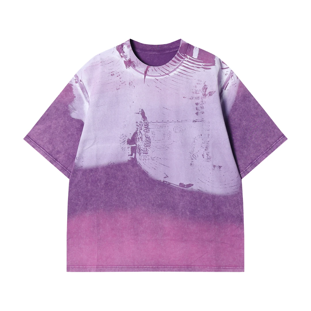 夏季高级感新款潮牌渐变水洗圆领短袖T恤宽松潮流百搭休闲上衣