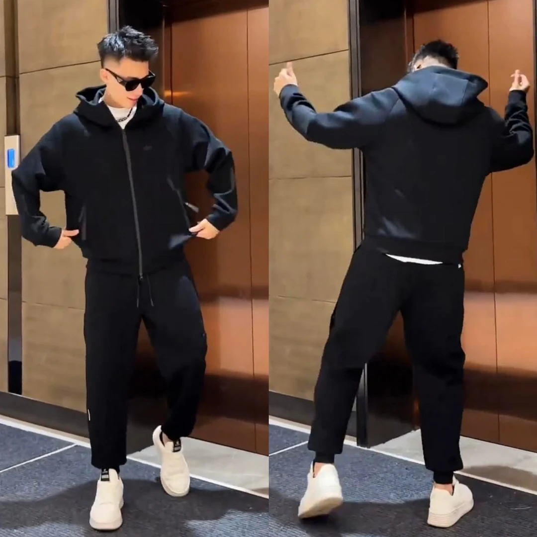 秋季新款连帽休闲运动套装男士高级感时尚纯色卫衣束脚长裤两件套