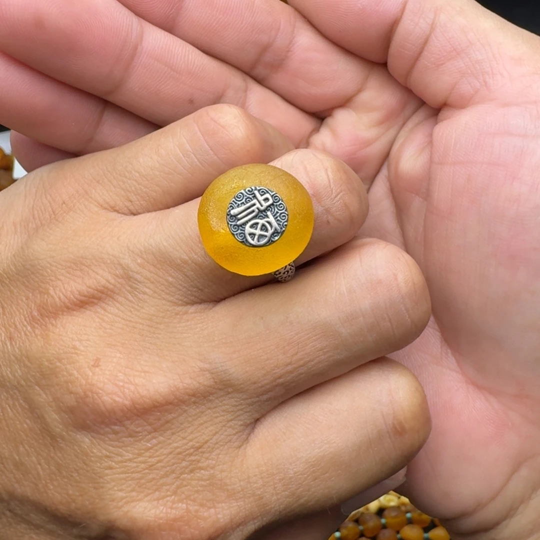 琥珀银S925镶嵌珠宝奇石天然蜜蜡戒指