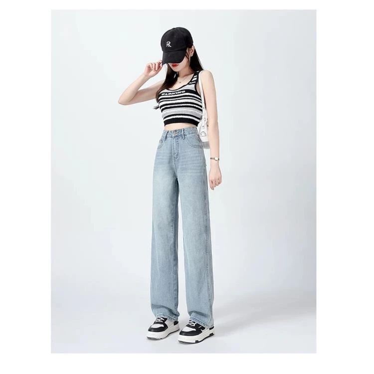 高腰阔腿牛仔裤女薄款2025新款窄版显瘦百搭垂感直筒拖地裤子