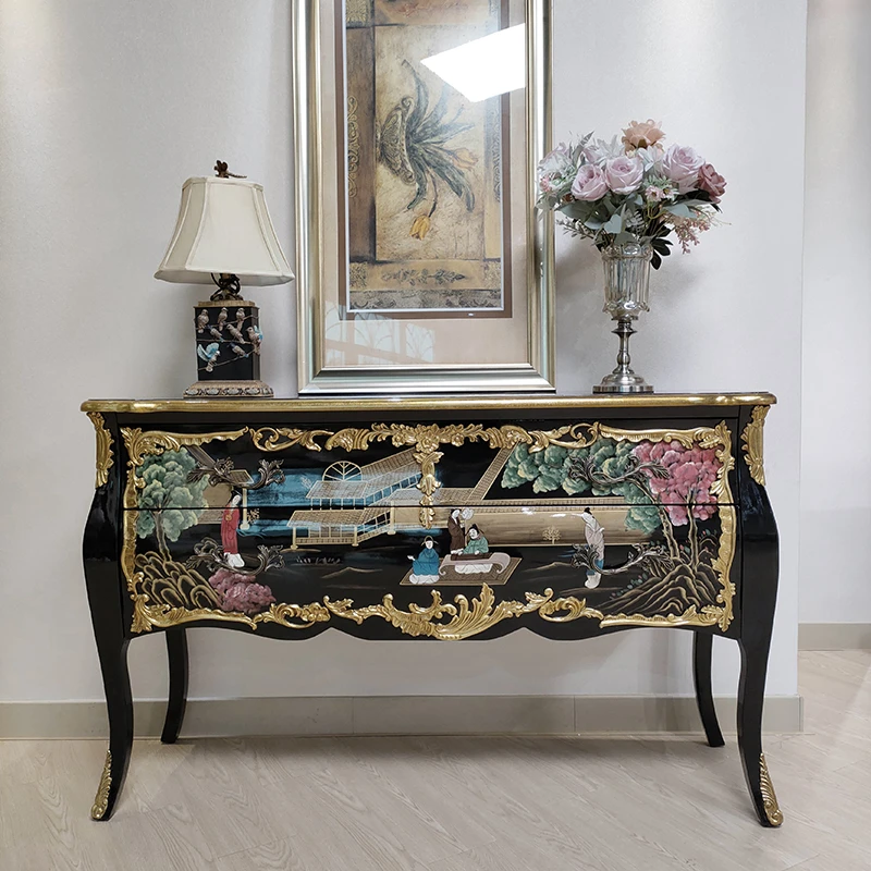 玄关柜美式亮光实木烤漆客厅收纳两斗柜1.5米别墅彩绘玄关台轻奢