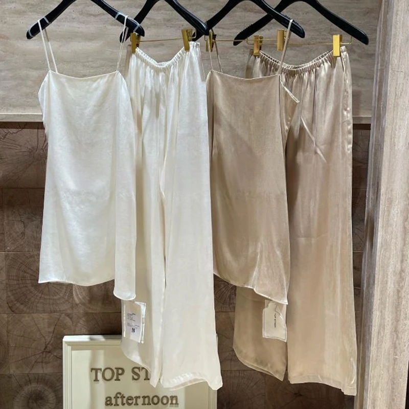 设计师品牌简约高级进口细肩带吊带背心+阔腿裤显瘦套装女白色