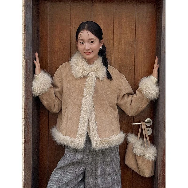 【费尔南德】复古翻领仿麂皮绒外套女冬季皮毛一体夹克N499B