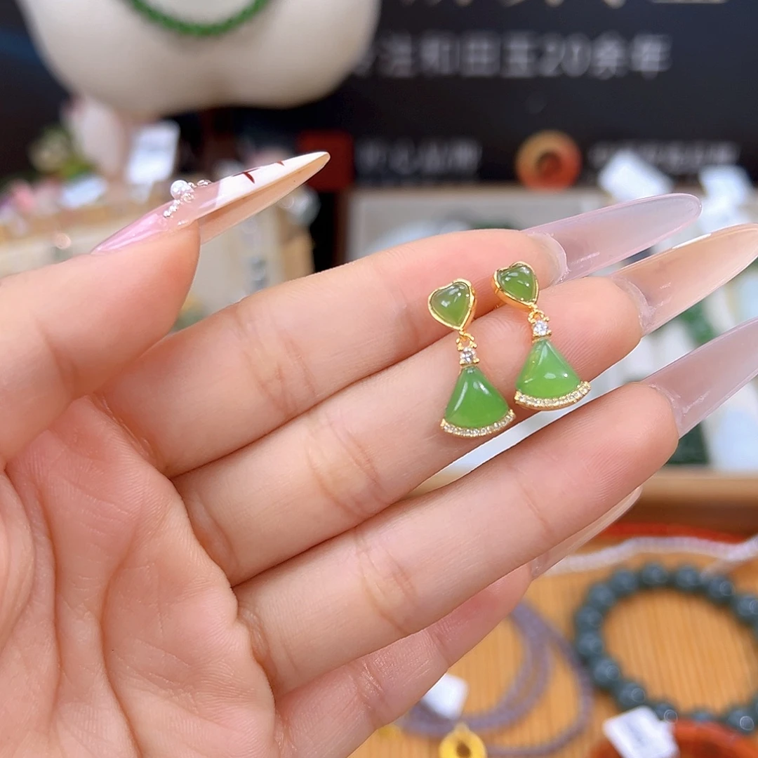 和田玉银S925镶嵌耳饰sj