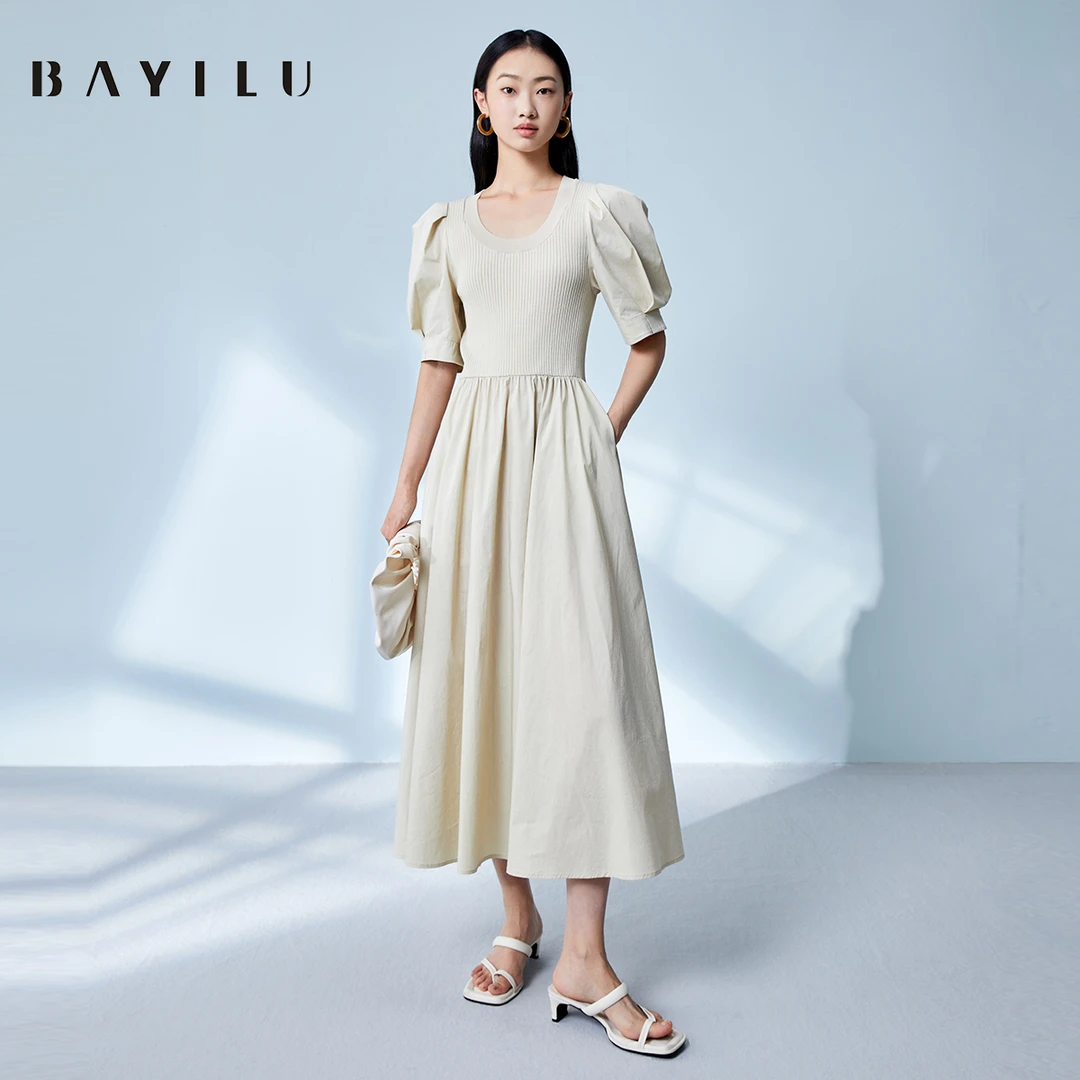 【力力淘】芭依璐2025夏季泡泡袖收腰长裙90L7911(颜色不同面料)