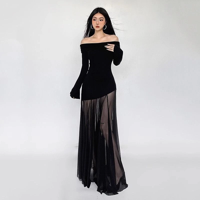 黑色网纱一字肩连衣裙女秋季纯欲气质辣妹小个子修身显瘦长袖长裙