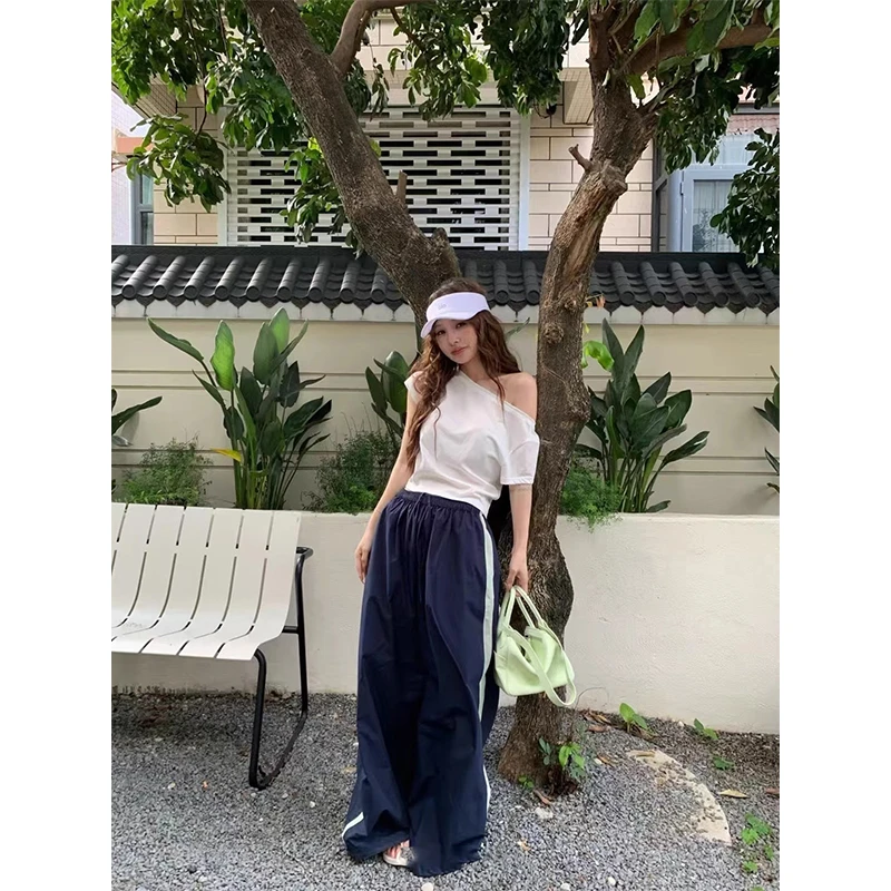 慵懒风一字领短袖T恤露肩上衣百搭显瘦运动风休闲阔腿裤长裤套装